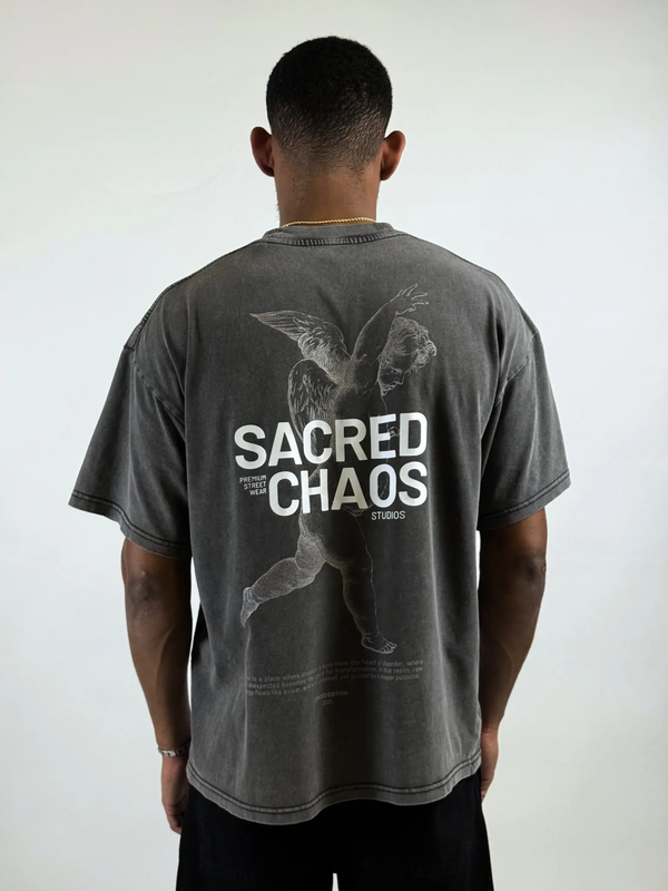 T-Shirt Oversize Washed Black | ANGEL IN CHAOS SACRED CHAOS